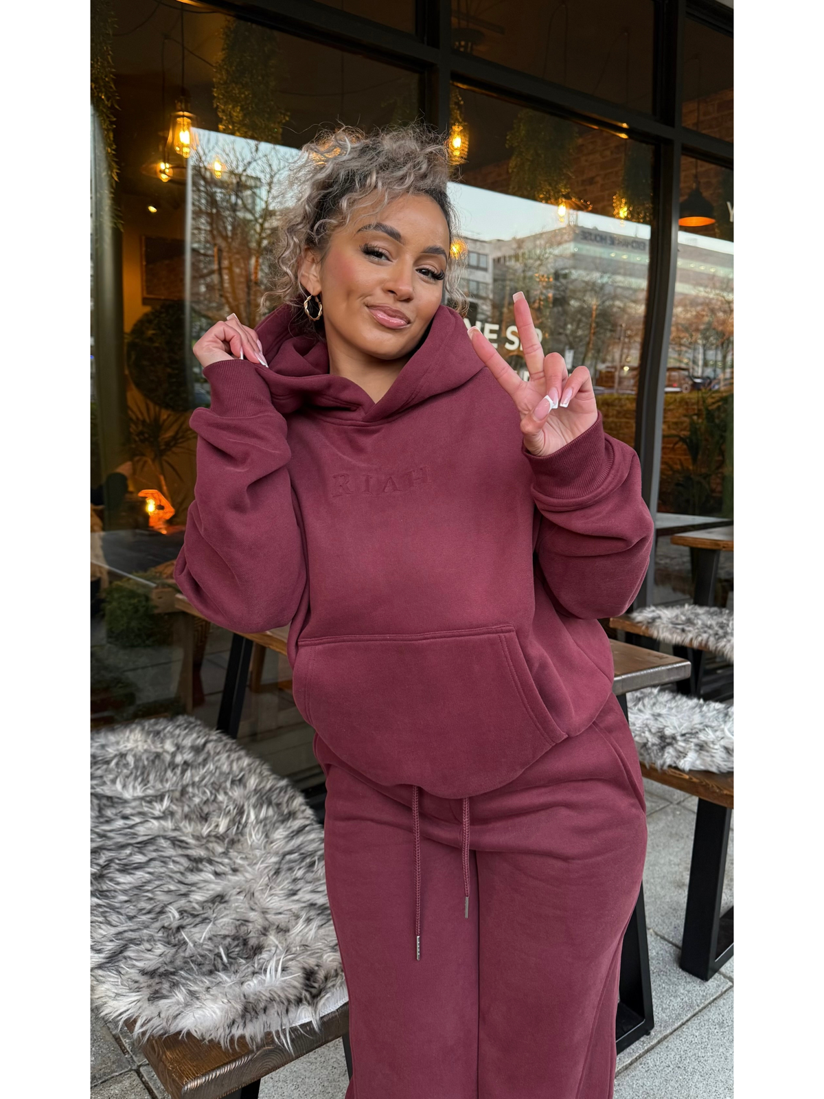 Vera oversized hoodie and wide-leg jogger set in burgundy by RIAH UK, view 4