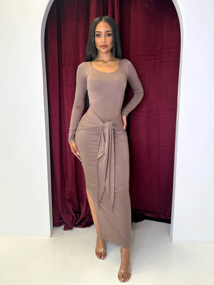 Celine tie-waist maxi dress in mocha by RIAH UK