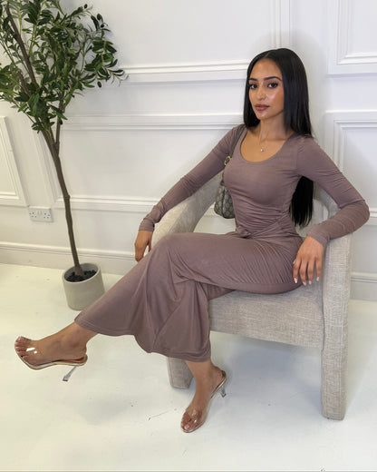 Celine tie-waist maxi dress in mocha by RIAH UK, view 3