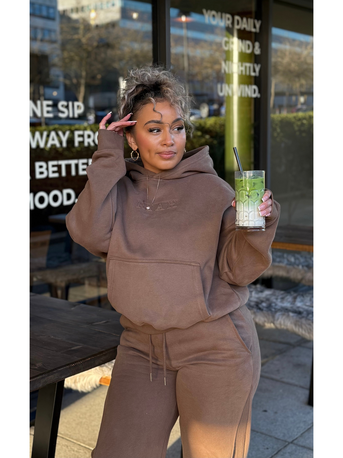 Vera oversized hoodie and wide-leg jogger set in chestnut brown by RIAH UK, view 5