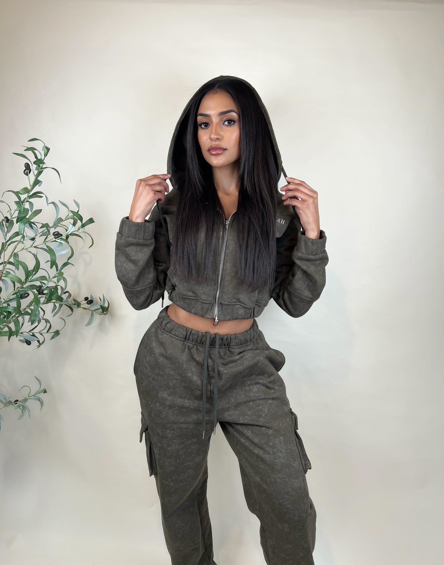 Olive Green ~ Mineral Wash Hoodie & Jogger Set