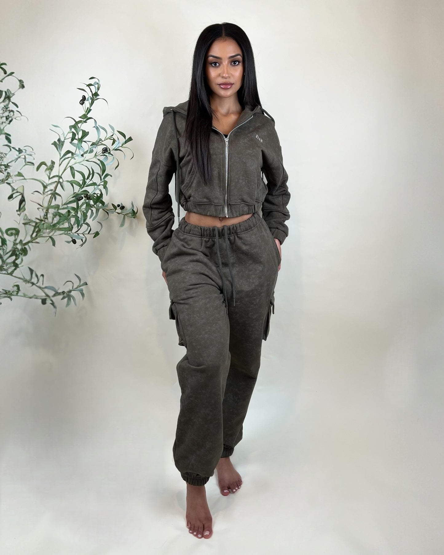 Olive Green ~ Mineral Wash Hoodie & Jogger Set