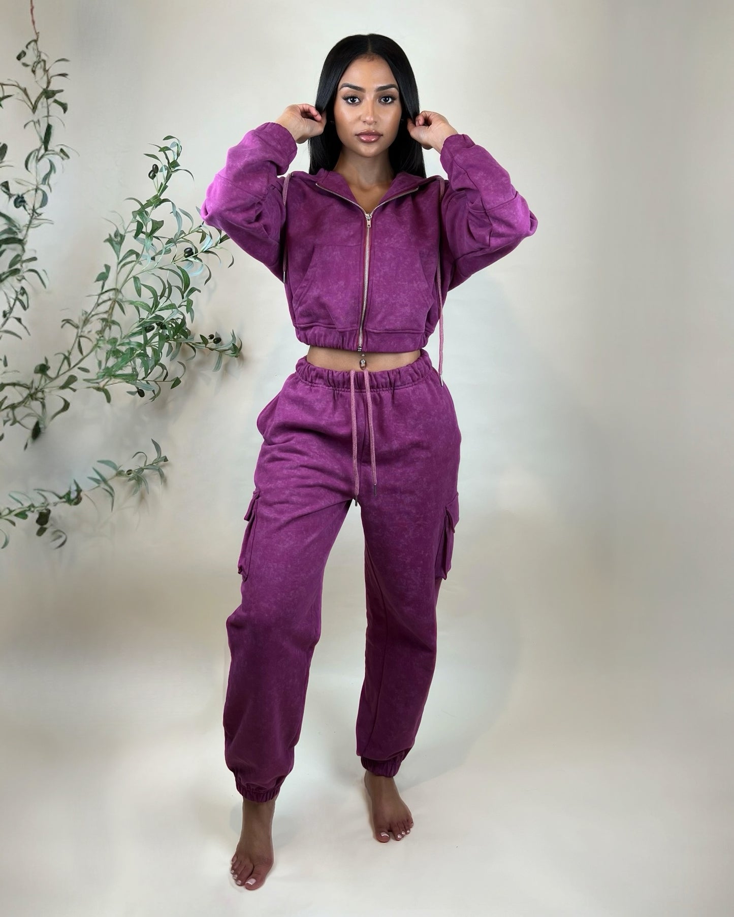 Dark Fuchsia ~ Mineral Wash Hoodie & Jogger Set